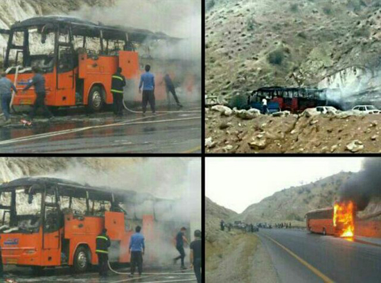 اتوبوس مسافربری شیراز خرموج در حوالی کازرونی آتش گرفت