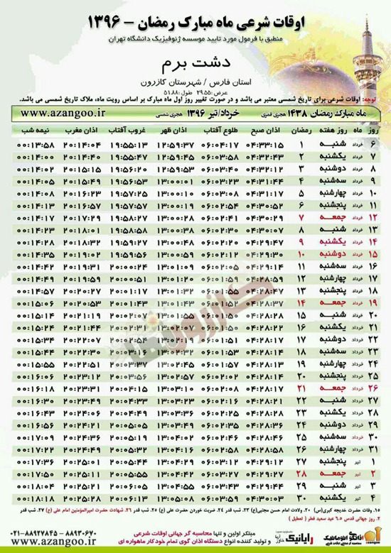 جدول اوقات شرعی کازرون و بخش های تابعه