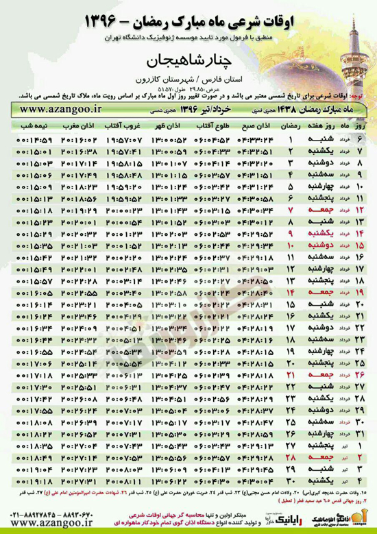 جدول اوقات شرعی کازرون و بخش های تابعه