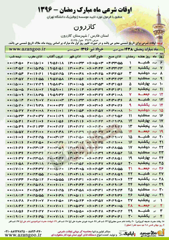 جدول اوقات شرعی کازرون و بخش های تابعه