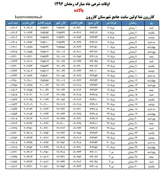 جدول اوقات شرعی کازرون و بخش های تابعه