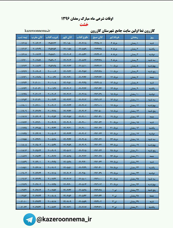 جدول اوقات شرعی کازرون و بخش های تابعه