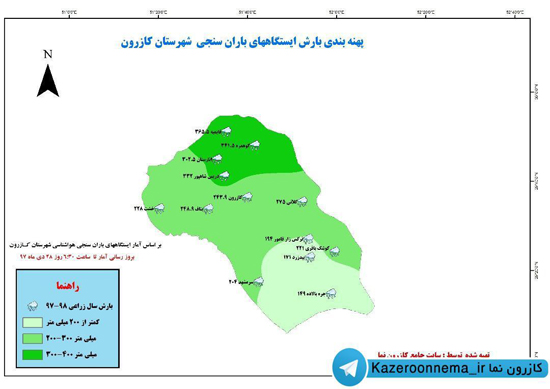 از کمترین میزان بارش بناف تا بیشترین میزان بارش قائمیه در پهنه شهرستان کازرون